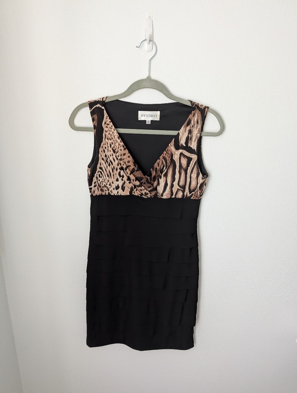 Studio I Women's Black Mini Dress with Brown Animal-Print Bodice, 6